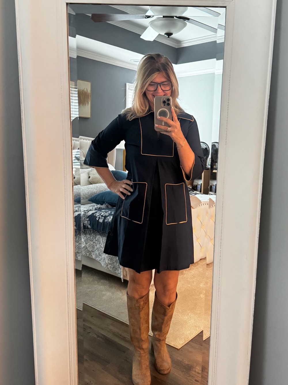Women's Black Mini Dress with Contrast Piping
